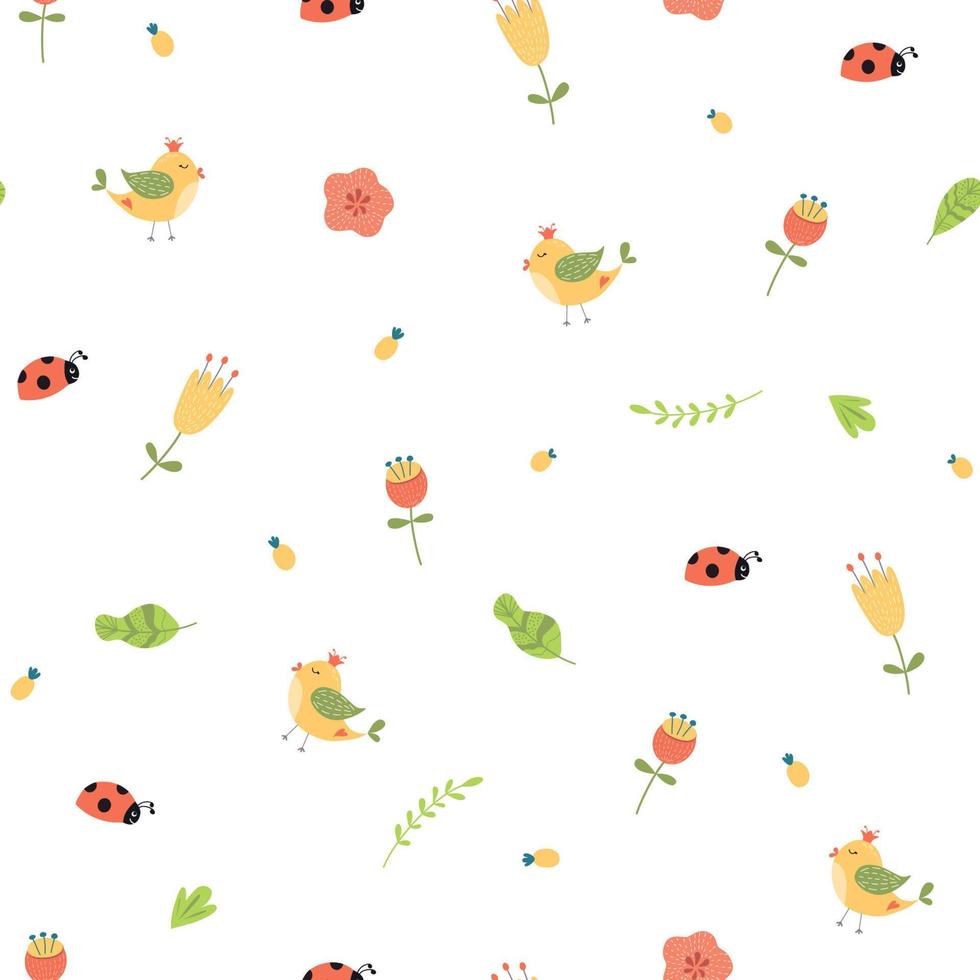 Cute flower seamless pattern. Summer flowers leaves birds ladybug elements on white background. Cute graphic print. Simple tiny texture in cartoon style. Kids fabric cloth design. Vector illustration.