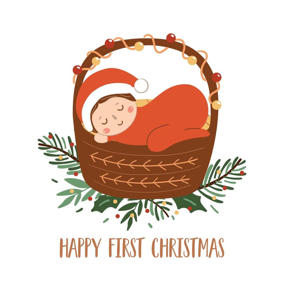 Baby first Christmas vector card with newborn baby sleeping in basket. Winter holiday cute baby in red costume illustration isolated element for greeting card. Merry Christmas, Happy New Year poster