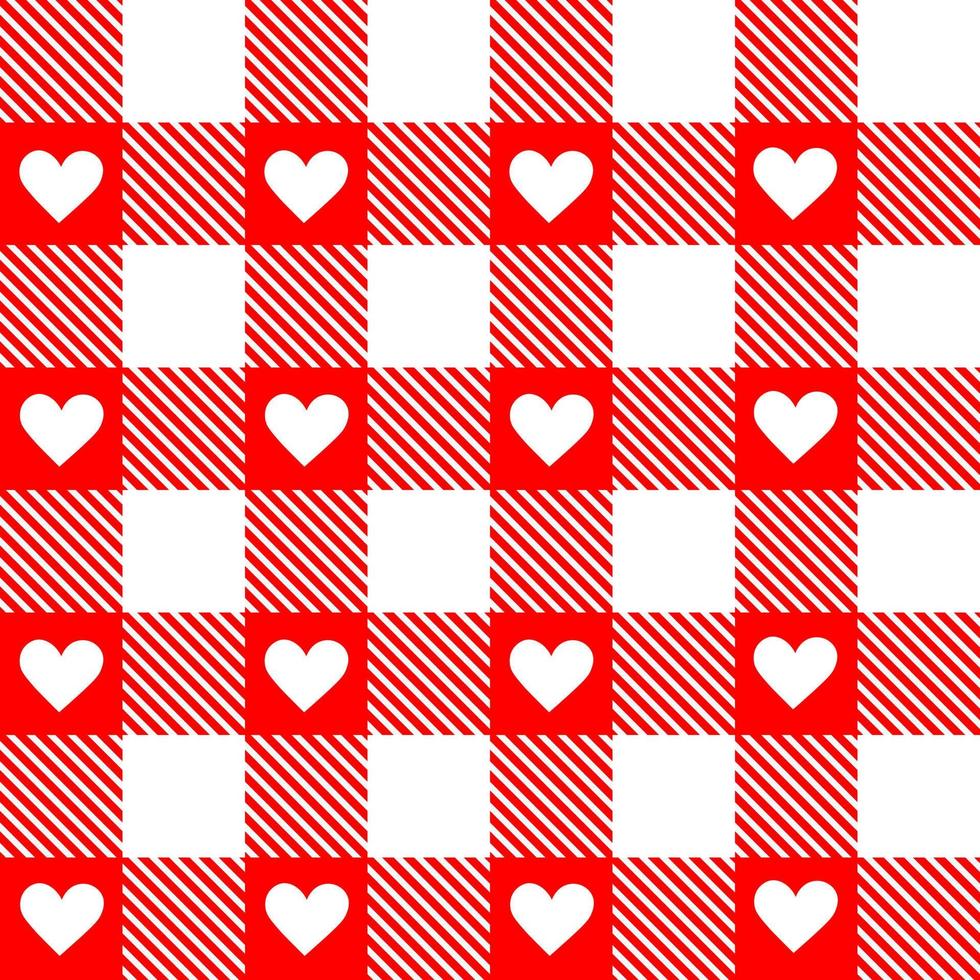 Red and white square pattern. Heart gingham patterns in red, white. Seamless Scottish tartan vichy textured check plaid for dress, shirt, tablecloth, gift wrapping . vector