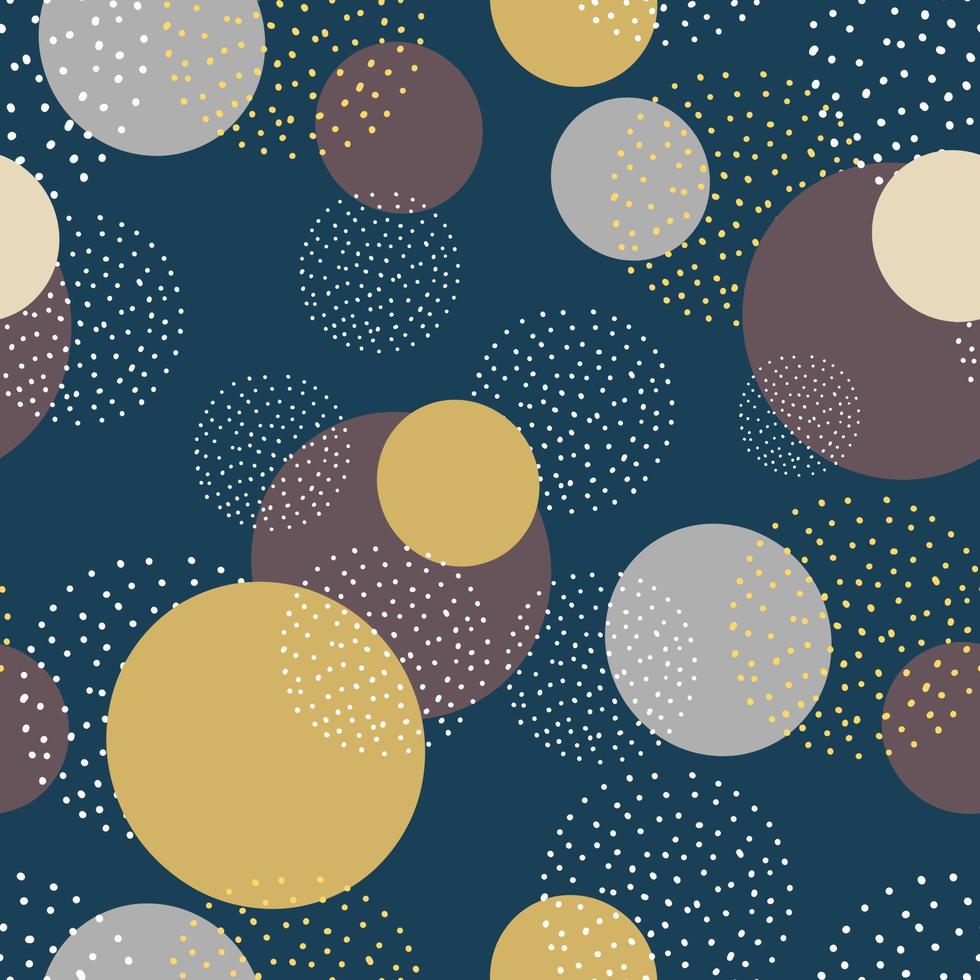 Abstract circles and dots pattern, dark yellow and white  color, on dark blue background, isolated, stock vector illustration, for design decoration, print, fabric, packaging, banner, poster, card .