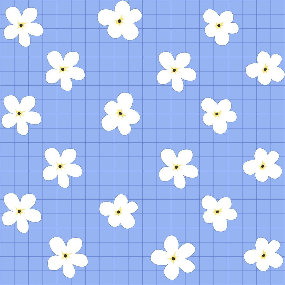 Seamless pattern with cute daisy flower on blue background and Daisy flower icon logo vector illustration. Cute floral print.