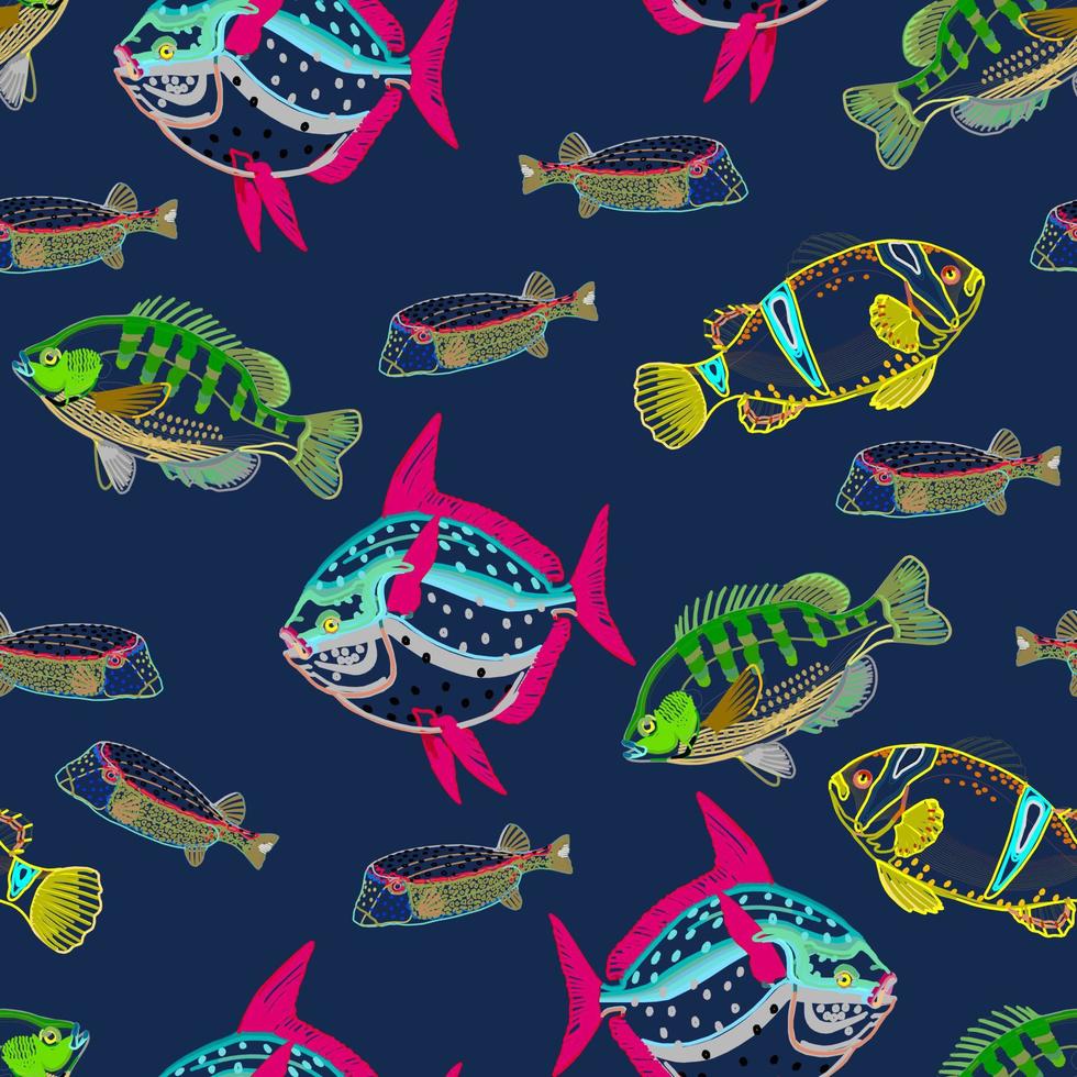 Group of discus fish in a seamless repeating pattern. Suitable as a background or for textile projects. Usable for print and web. Nursery seamless pattern. vector