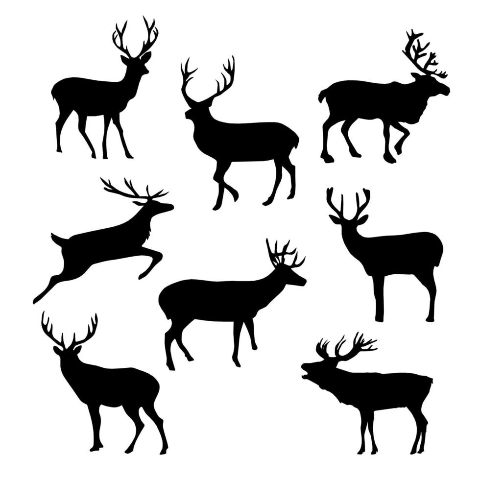 conjunto de silueta de reno. ilustración vectorial ciervo, figura de ciervo, vector, ilustración, blanco y negro, silueta, sello. vector