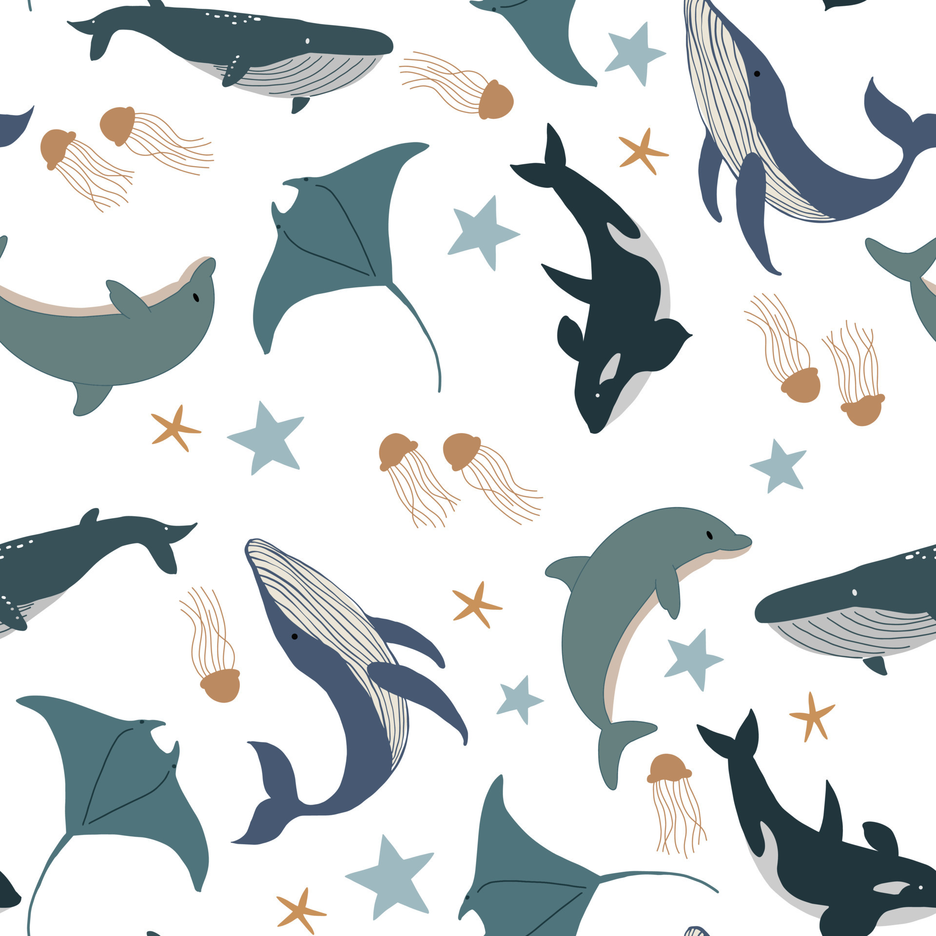 Sea and ocean animals seamless. Vector hand-drawn colored childish seamless  repeating simple flat pattern with whales. Vector Cute baby animals.  Pattern for kids with whales. Kids design. 16071936 Vector Art at Vecteezy