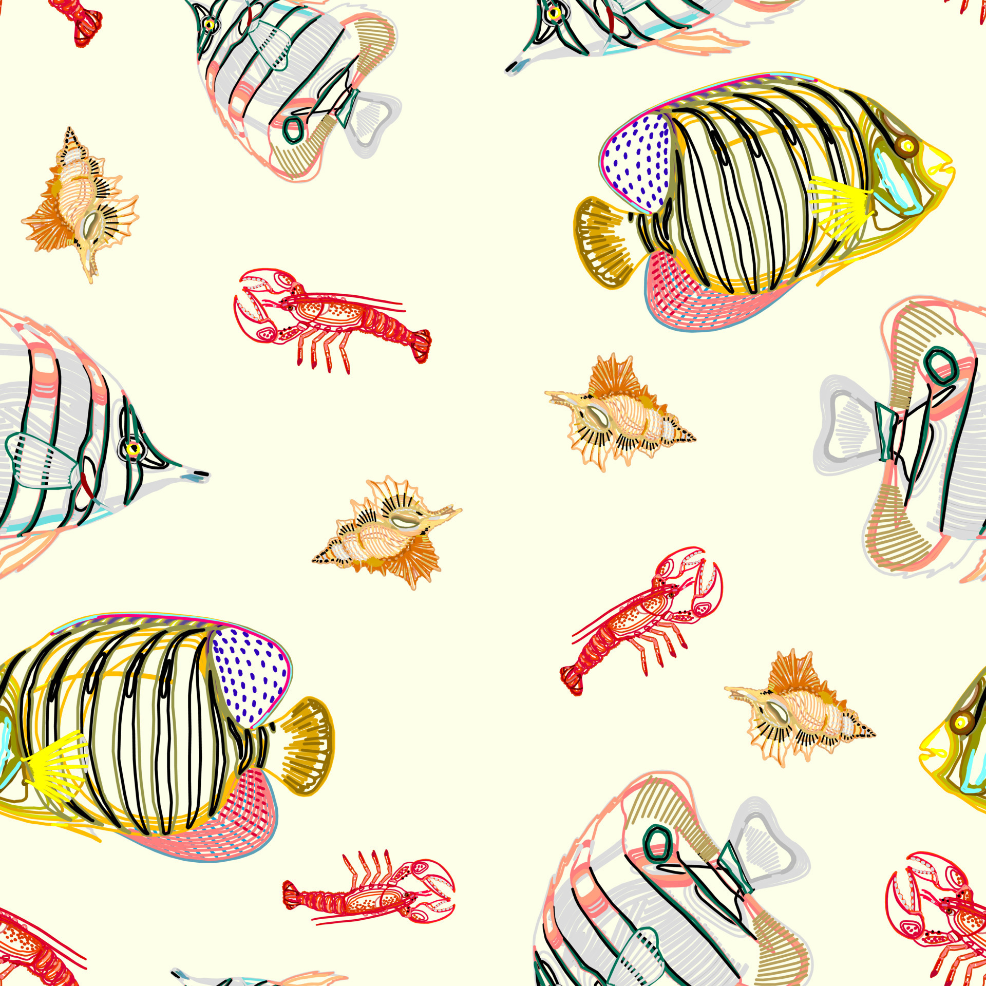 Group of discus fish in a seamless repeating pattern. Suitable as a