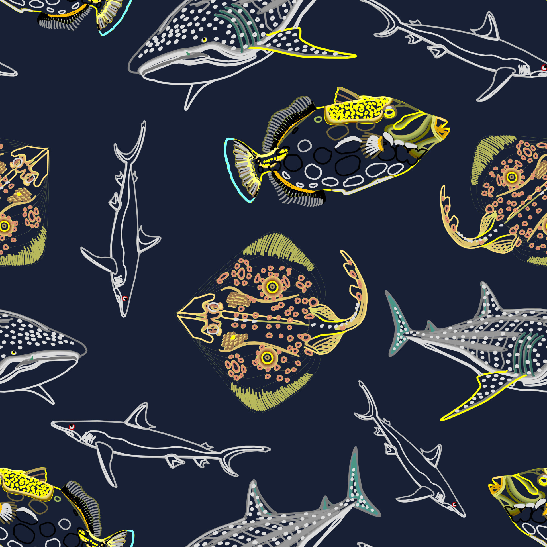 Group of discus fish in a seamless repeating pattern. Suitable as a