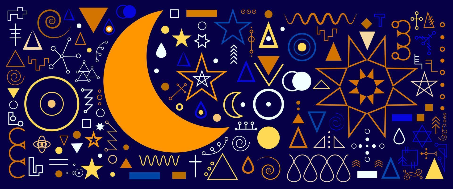 A set of aesthetic and modern Astrology minimalistic linear illustrations of the sun, moon, stars, geometric elements vector