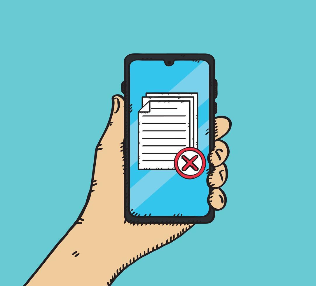 Icon of several documents with a red x on mobile screen. A failed test or survey. Hand-drawn vector illustration.