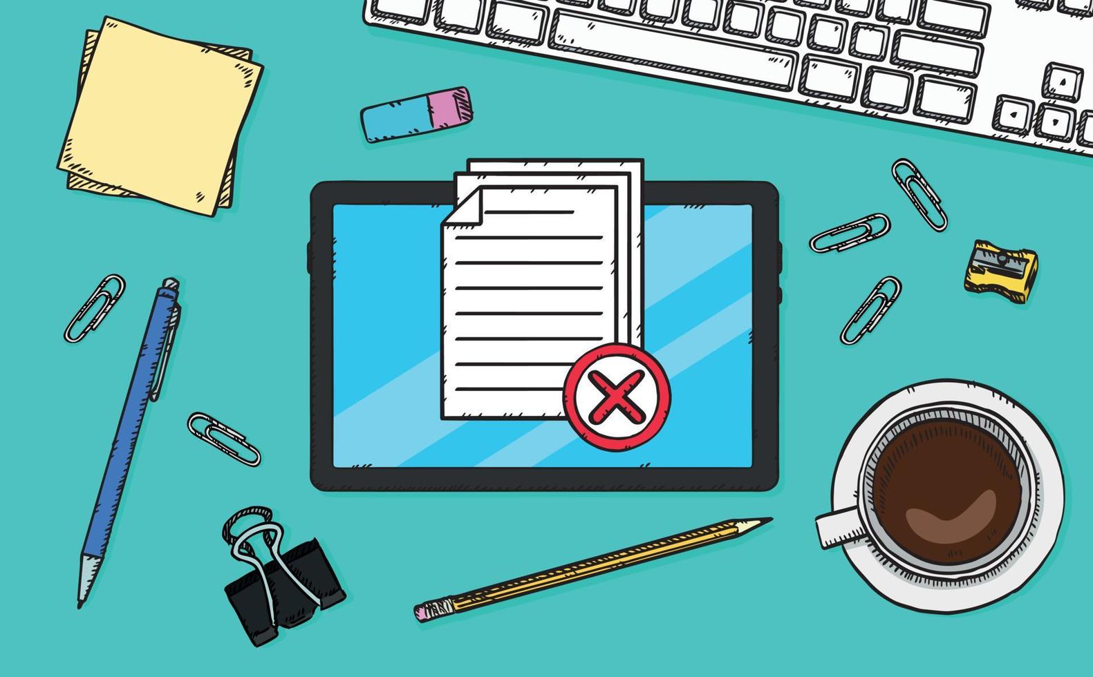 Icon of several documents with a red x on tablet screen. A failed test or survey. Hand-drawn vector illustration.