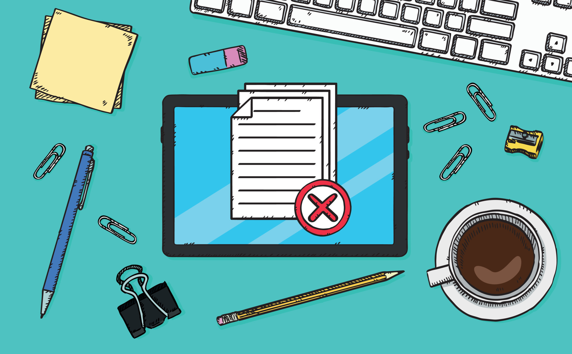 Icon of several documents with a red x on tablet screen a failed test 
