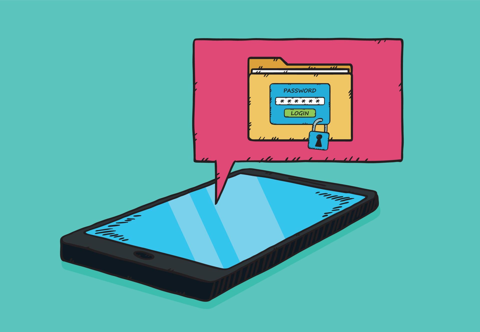 Graphic of a phone with a cloud and a folder protected by a password