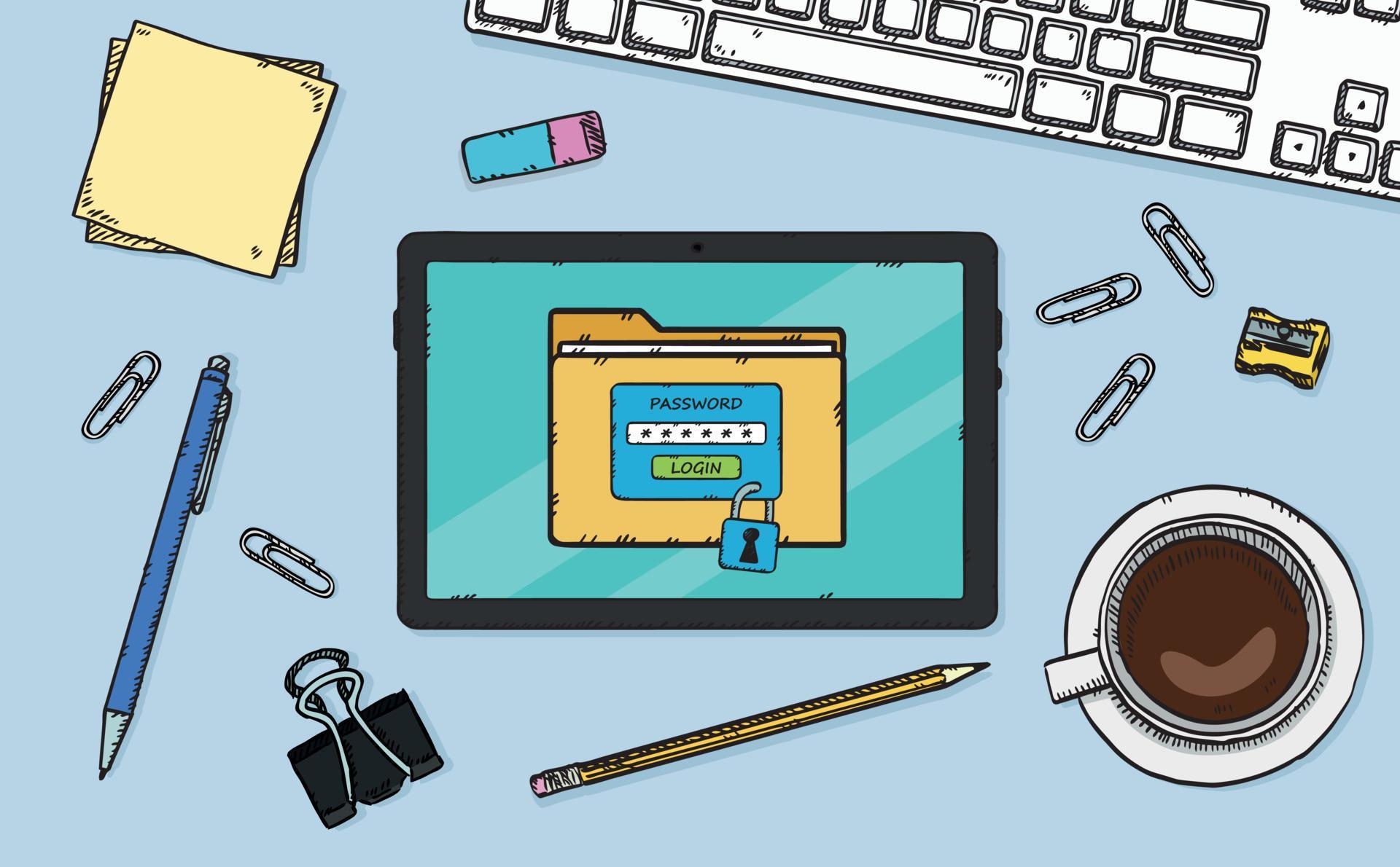 The screen of the teletable lying on the desk displays a folder