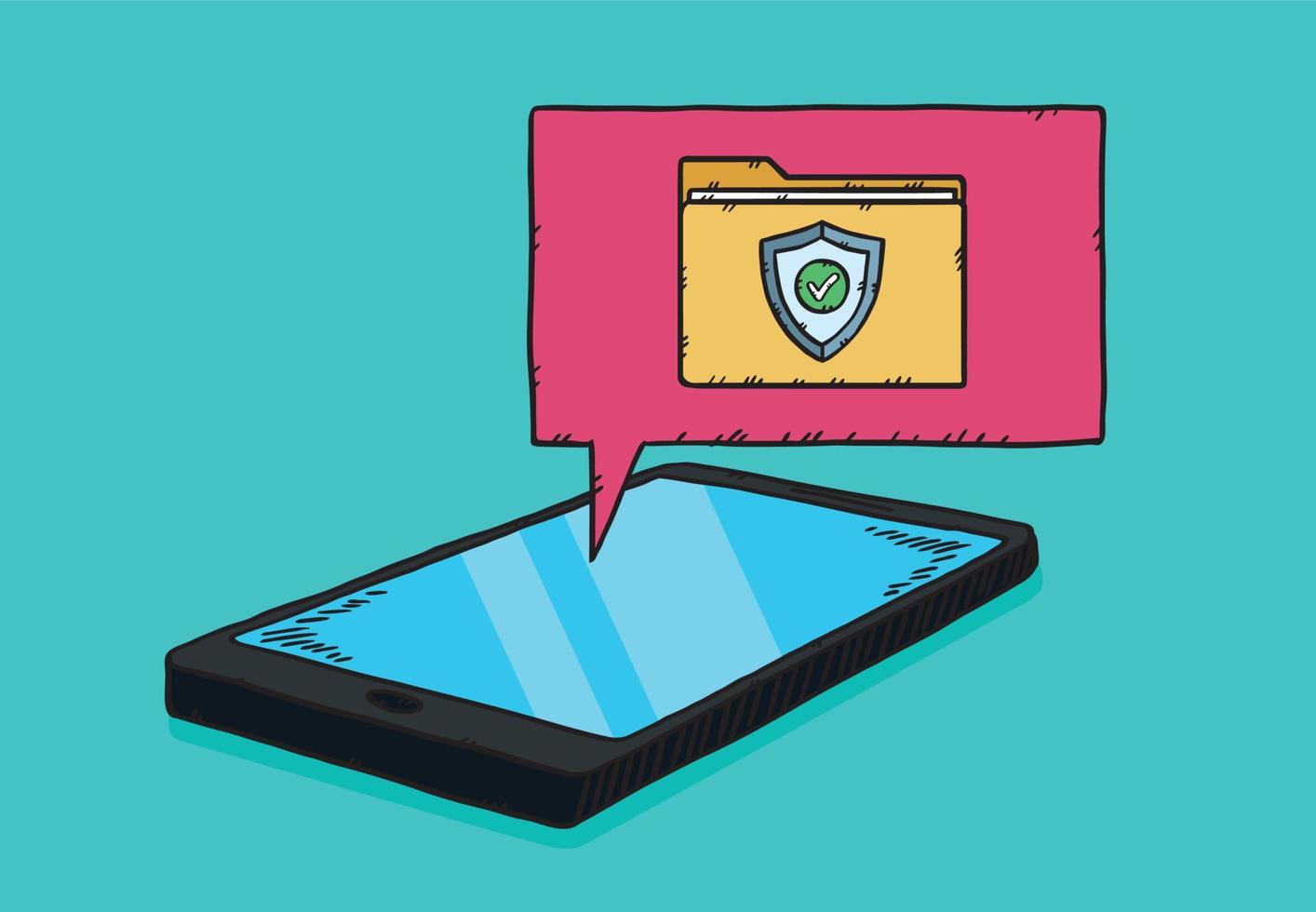 A graphic of a phone with a cloud and a folder protected by anti-virus. The antivirus shield displays on the folder with a green checkamrk. Hand drawn vector illustration.