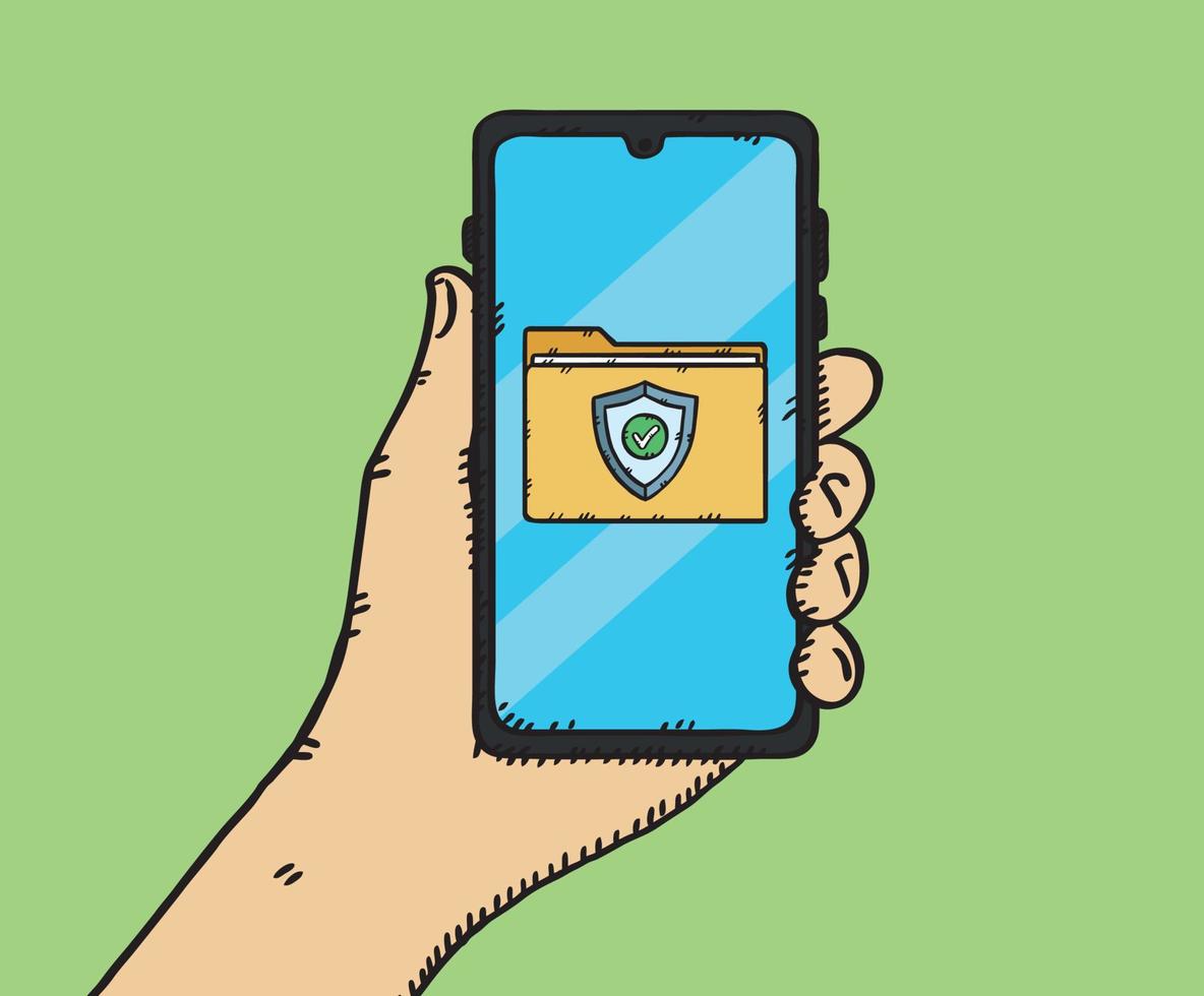 Hand-drawn illustration of the antivirus shield along with a green checkmark on smartphone screen. The antivirus works flawlessly. vector