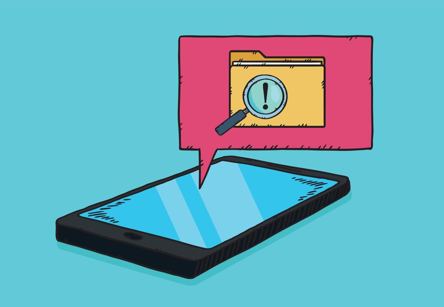 Above the phone lying down, there is a cloud, along with a folder and with an eyepiece glass and an exclamation mark to inform of the danger. Vector hand drawn illustration.