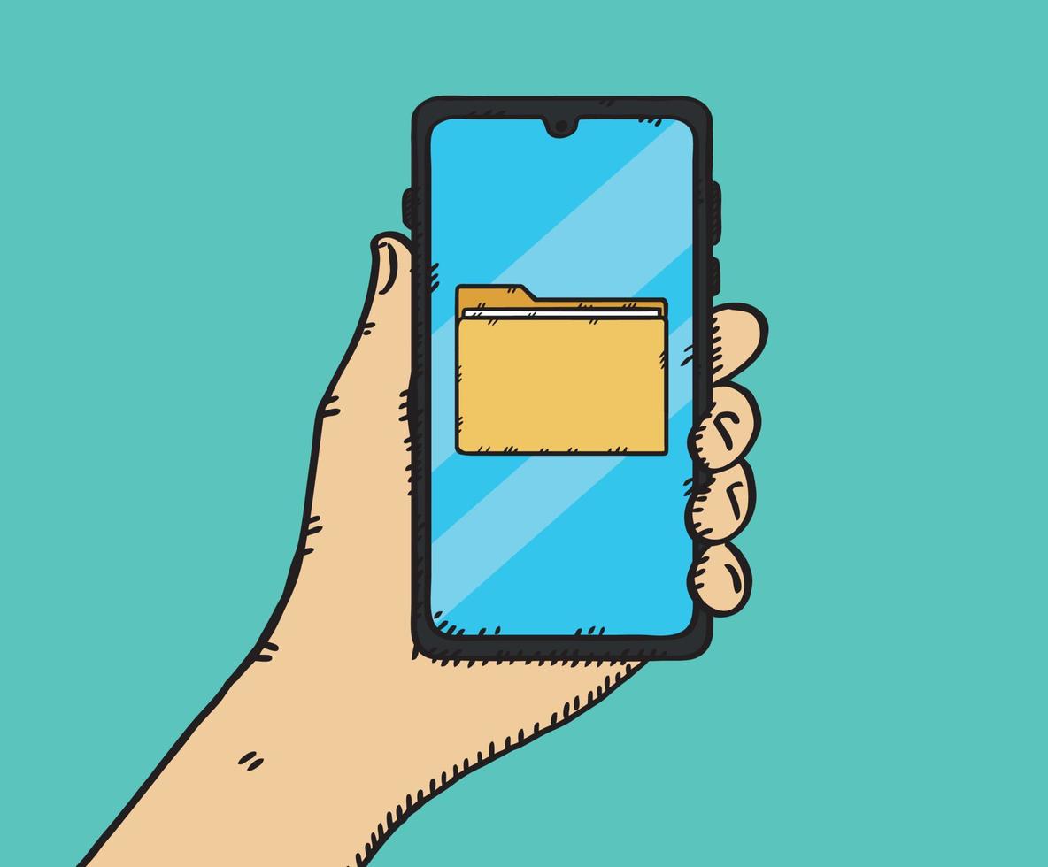 A hand holding a phone on the screen of which a folder with documents is displayed, hand-drawn vector  illustration.