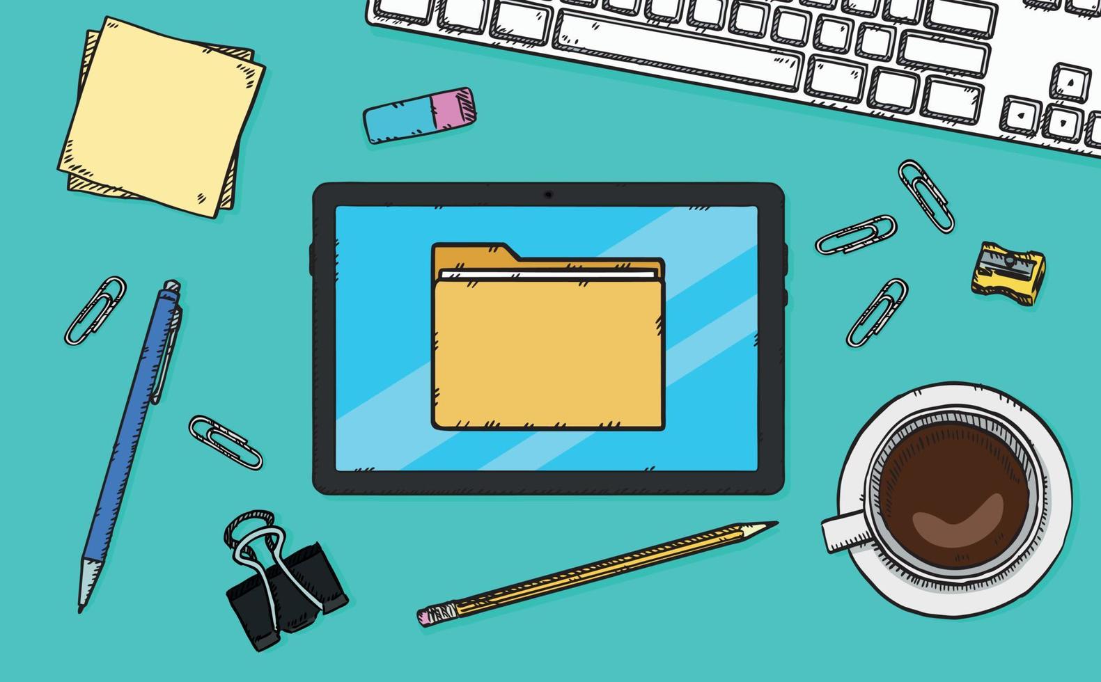 A graphic of a file folder is displayed on a tablet lying on a desk. Hand-drawn vector graphics