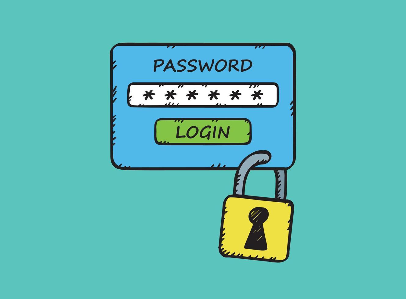 A hand-drawn illustration of blocked access. A password must be entered to gain access. vector