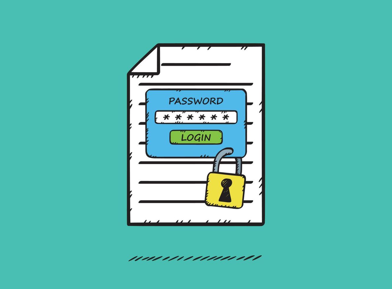 A hand-drawn illustration of a document with locked access. The document is protected by the password needed to open it. vector