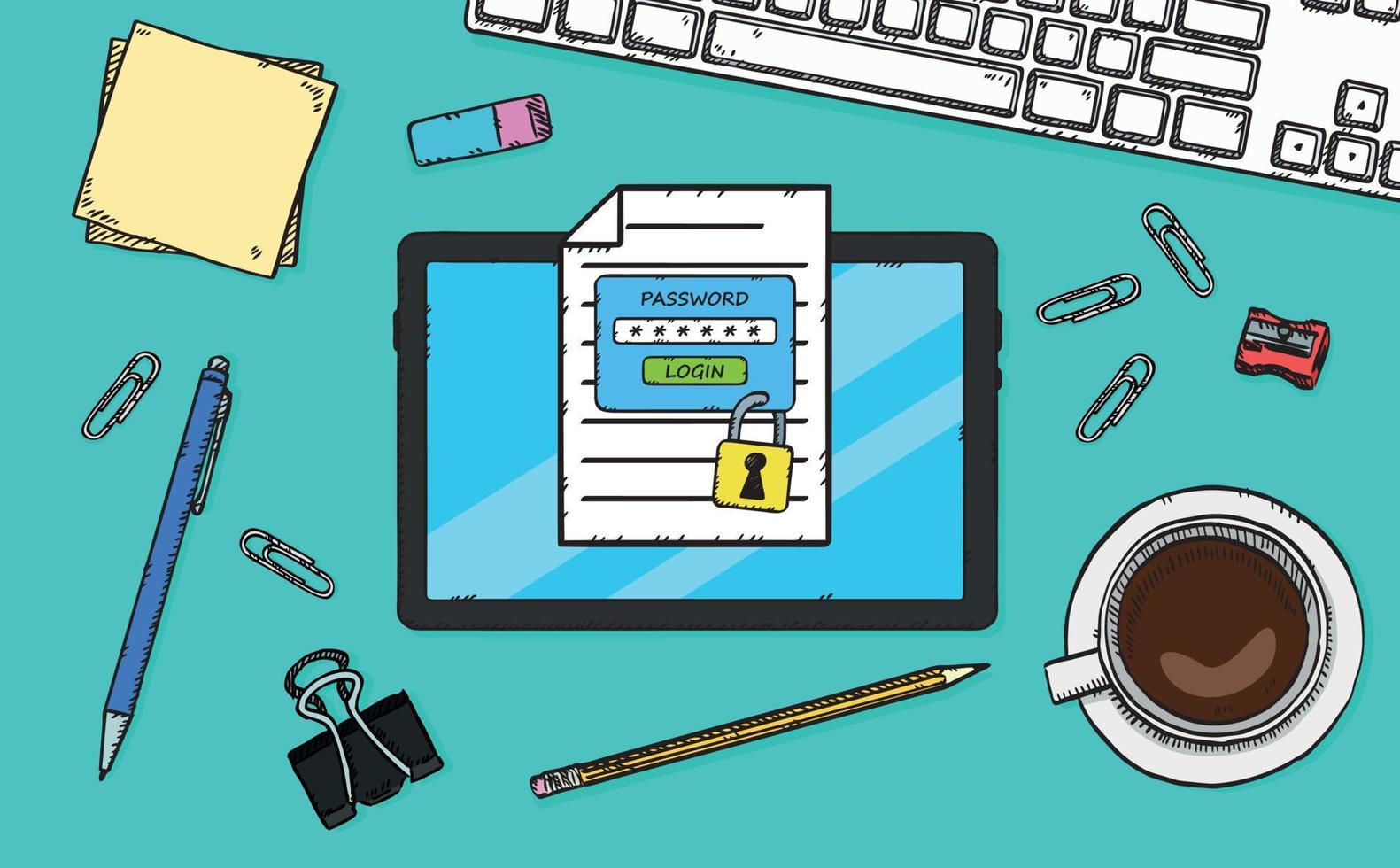A hand-drawn illustration showing a tablet and a document with locked access. The document is protected by the password needed to open it. vector