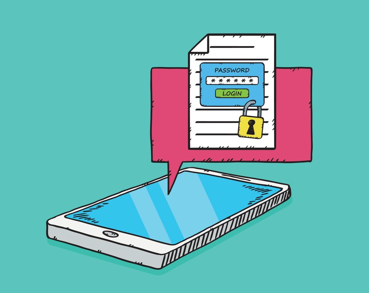 A hand-drawn illustration showing a cellphone and a document with blocked access. The document is protected by the password needed to open it. vector