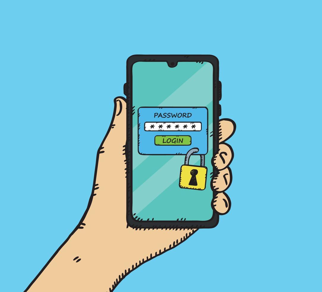 Hand-drawn illustration of a hand holding a phone with locked access. Access is protected by the password needed to open it. vector