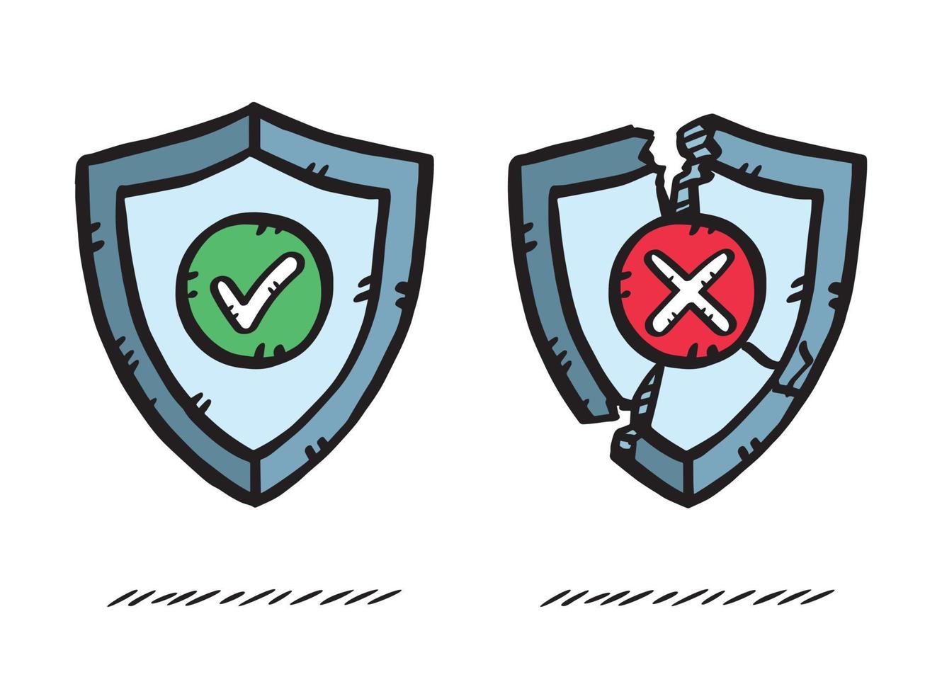 Vector illustration of two antivirus shields. One shield depicts an effective defense, the other is shattered.