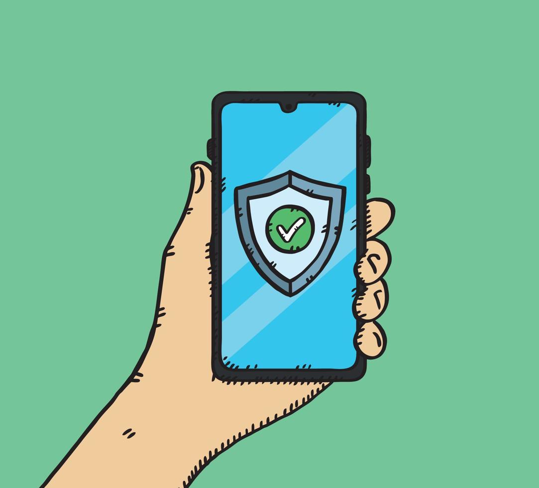 Vector illustration of a hand holding an antivirus-protected phone. Sketch style illustration.