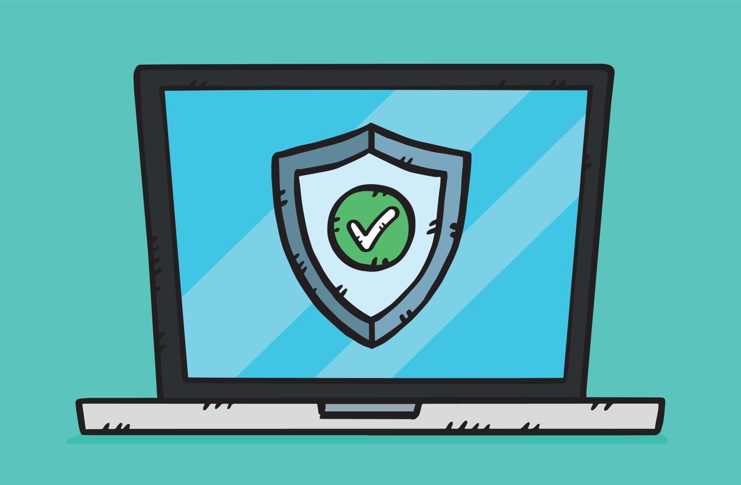 Vector illustration of a laptop protected by an antivirus. A shield with a green check mark is on the laptop screen.
