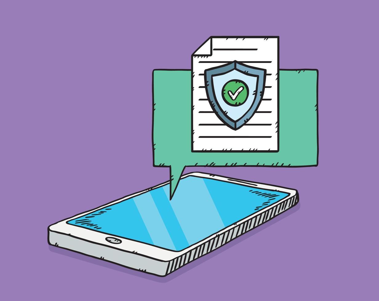 A graphic showing a phone with a cloud and antivirus shield with green checkmark. The antivirus protection is working correctly. Color vector illustration in cartoon style with black outline.