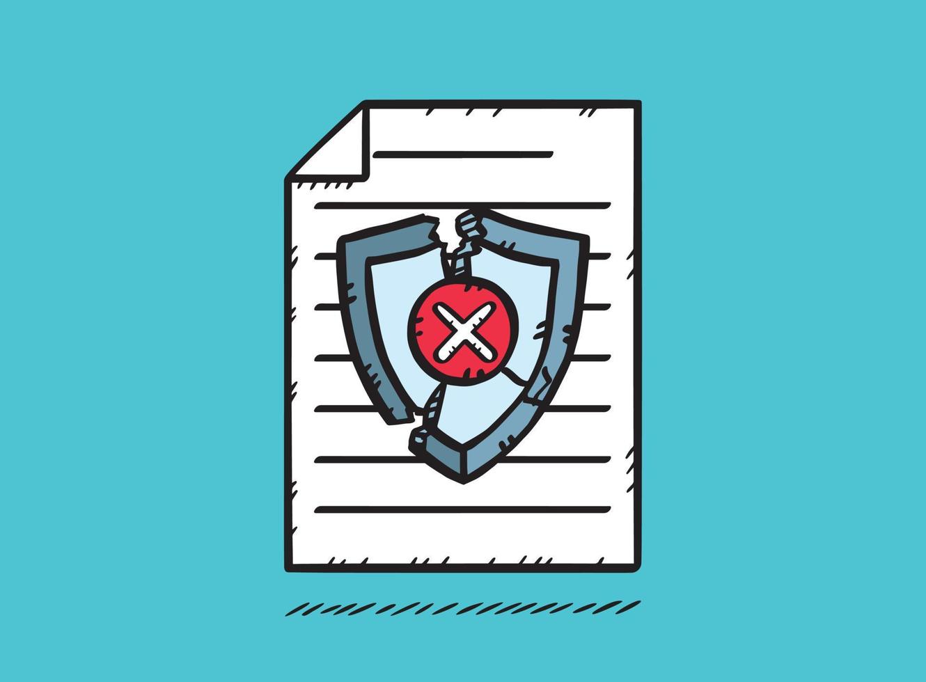 Document with cracked antivirus shield. The shield has a red x-stamp. Hand-drawn vector graphic.