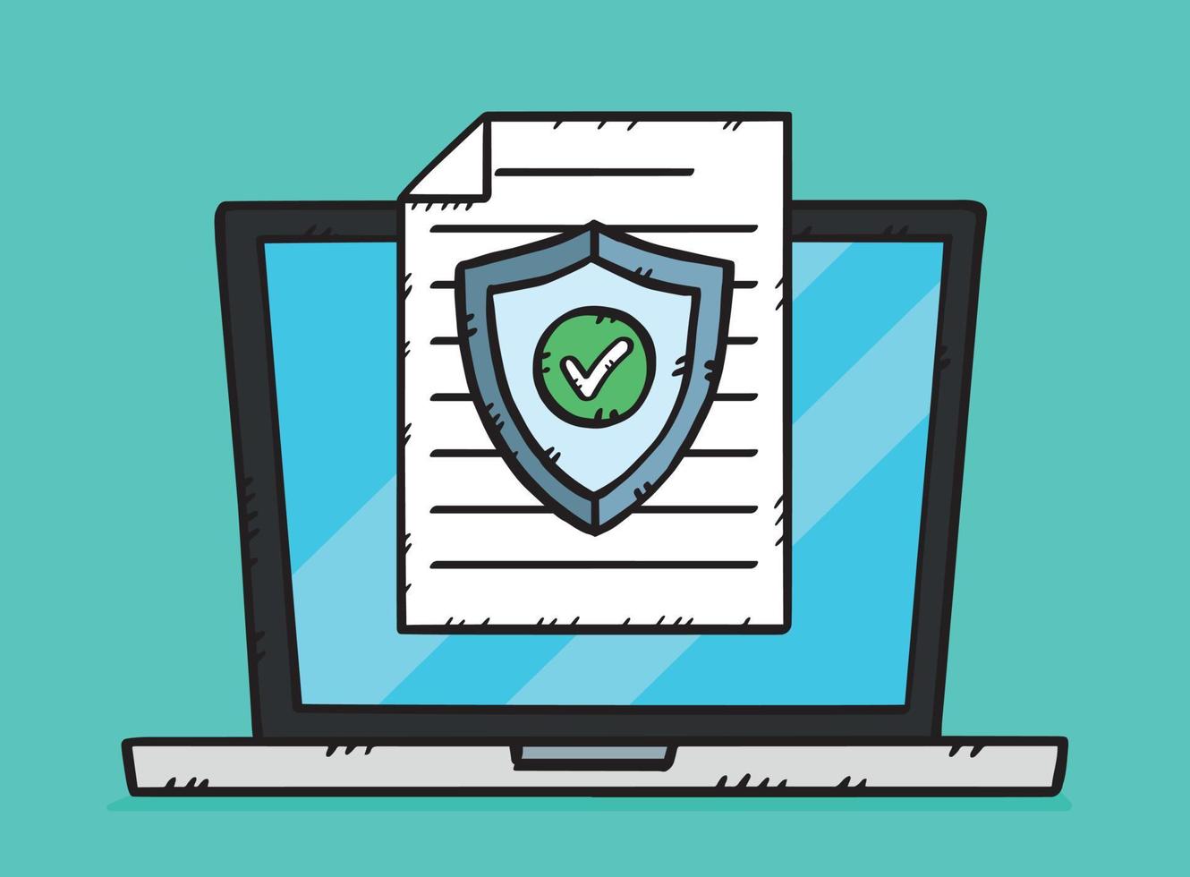 A hand-drawn graphic depicting a laptop along with a document protected by an antivirus shield. Color vector illustration.