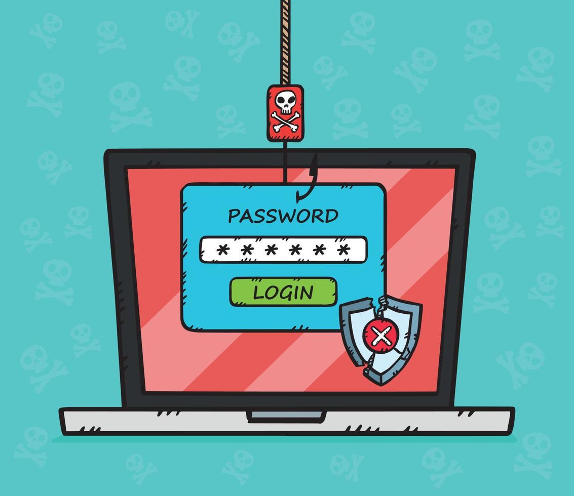 gráfico que muestra un ataque de phishing y piratería durante el inicio de sesión del usuario. el escudo antivirus se ha roto dando acceso al hacker a los datos. ilustración vectorial en estilo de dibujos animados con contorno negro vector