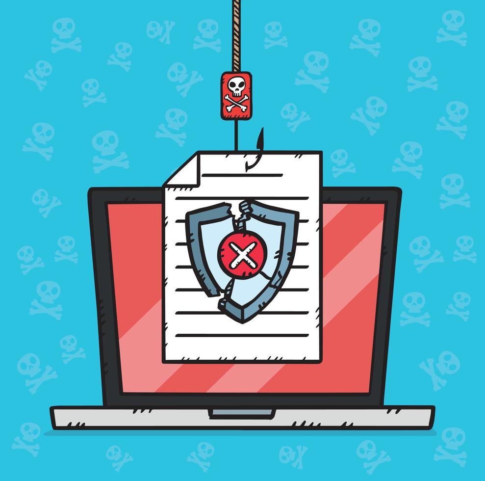 Graphic showing phishing and hacking attack on document. The antivirus shield has been shattered giving the hacker access to the data. Vector illustration in cartoon style with black outline