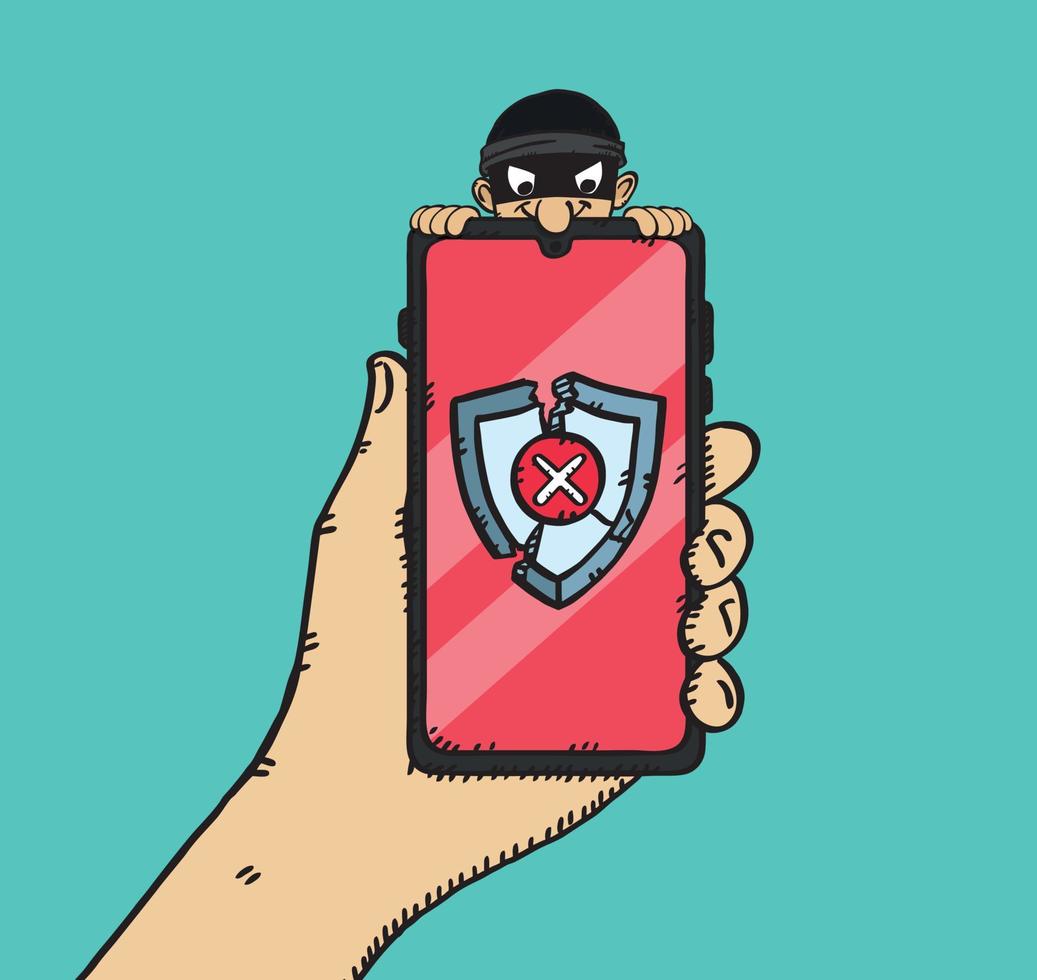 A graphic showing a hand along with a phone attacked by a hacker. The antivirus shield is shattered and the screen has turned red. The hacker's head emerges from behind the phone. vector