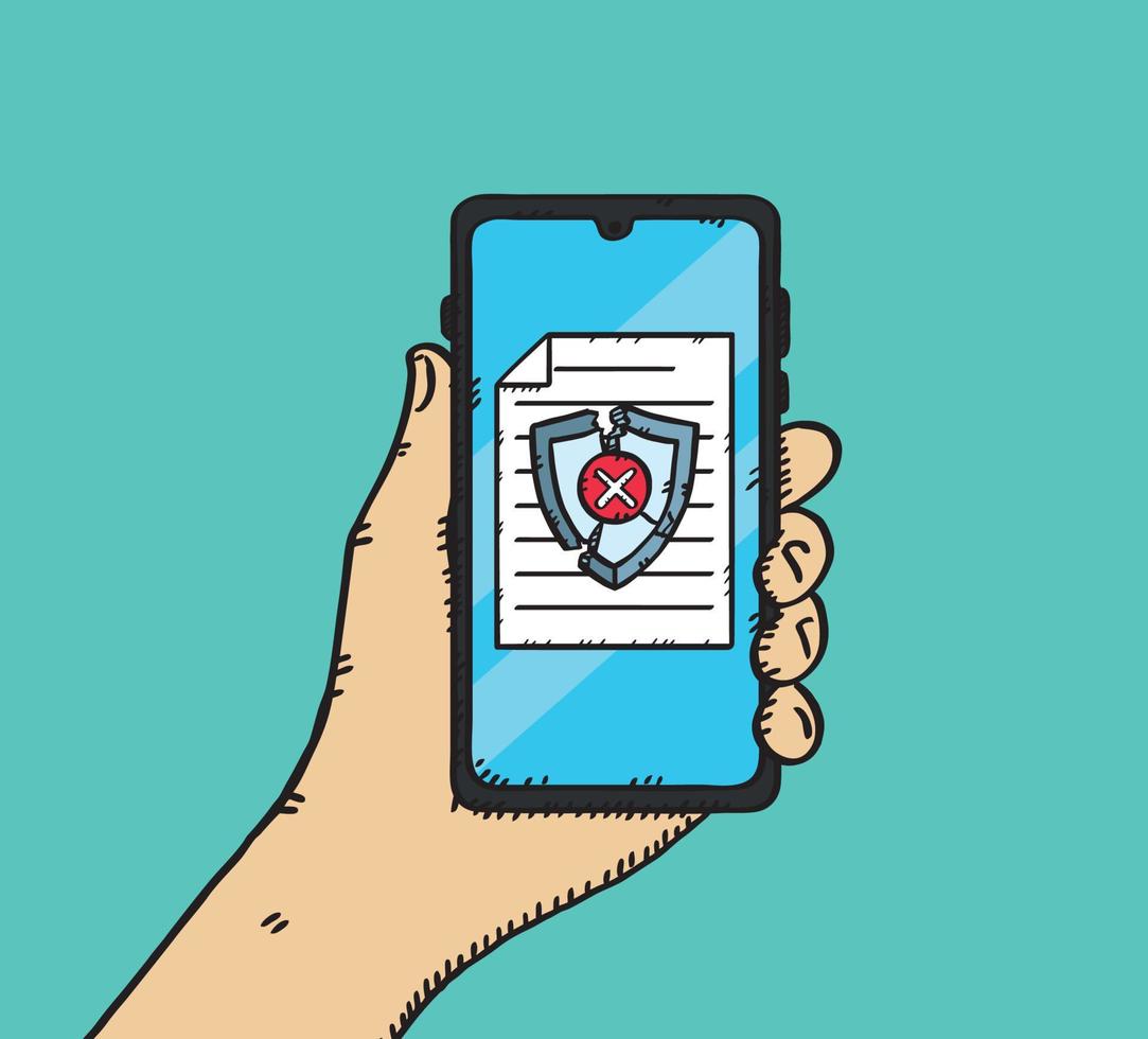 A hand holding a phone on the screen of which a document is displayed along with a cracked antivirus shield. The antivirus shield has an x stamp. Hand-drawn vector graphics.