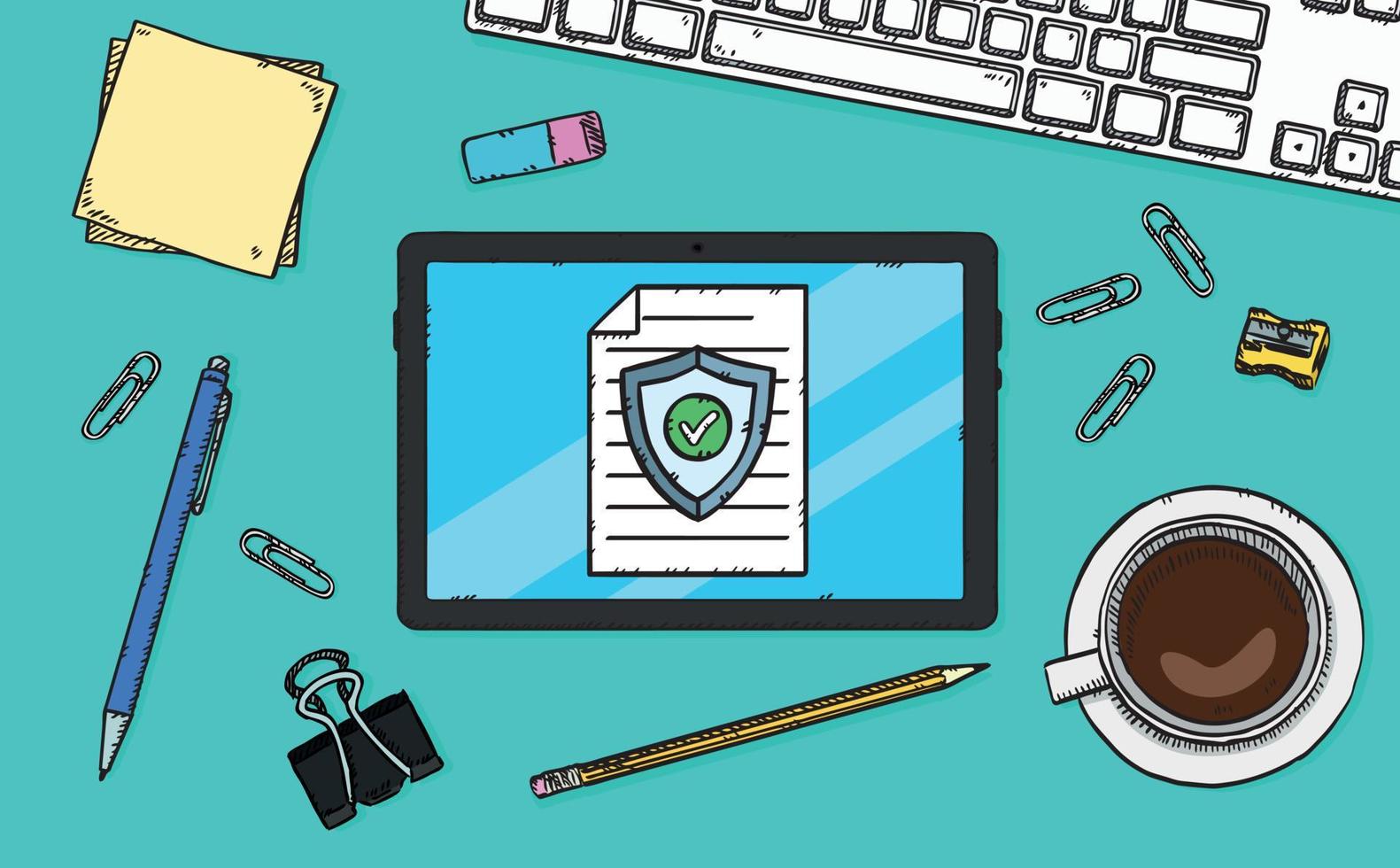 A graphic showing a phone with a cloud and antivirus shield with green checkmark. The antivirus protection is working correctly. Color vector illustration in cartoon style with black outline.