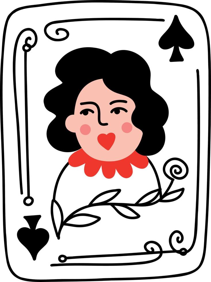 naipes con reina de picas. ilustración del día de san valentín en estilo doodle vector