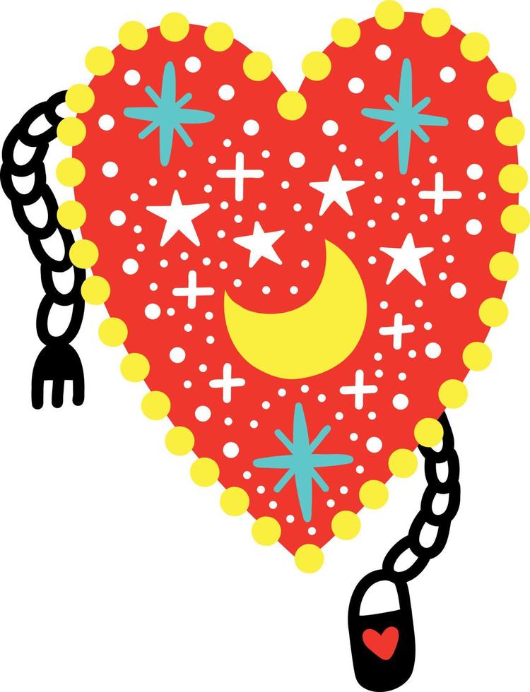 Red pin heart with moon. Vector illustration in doodle style