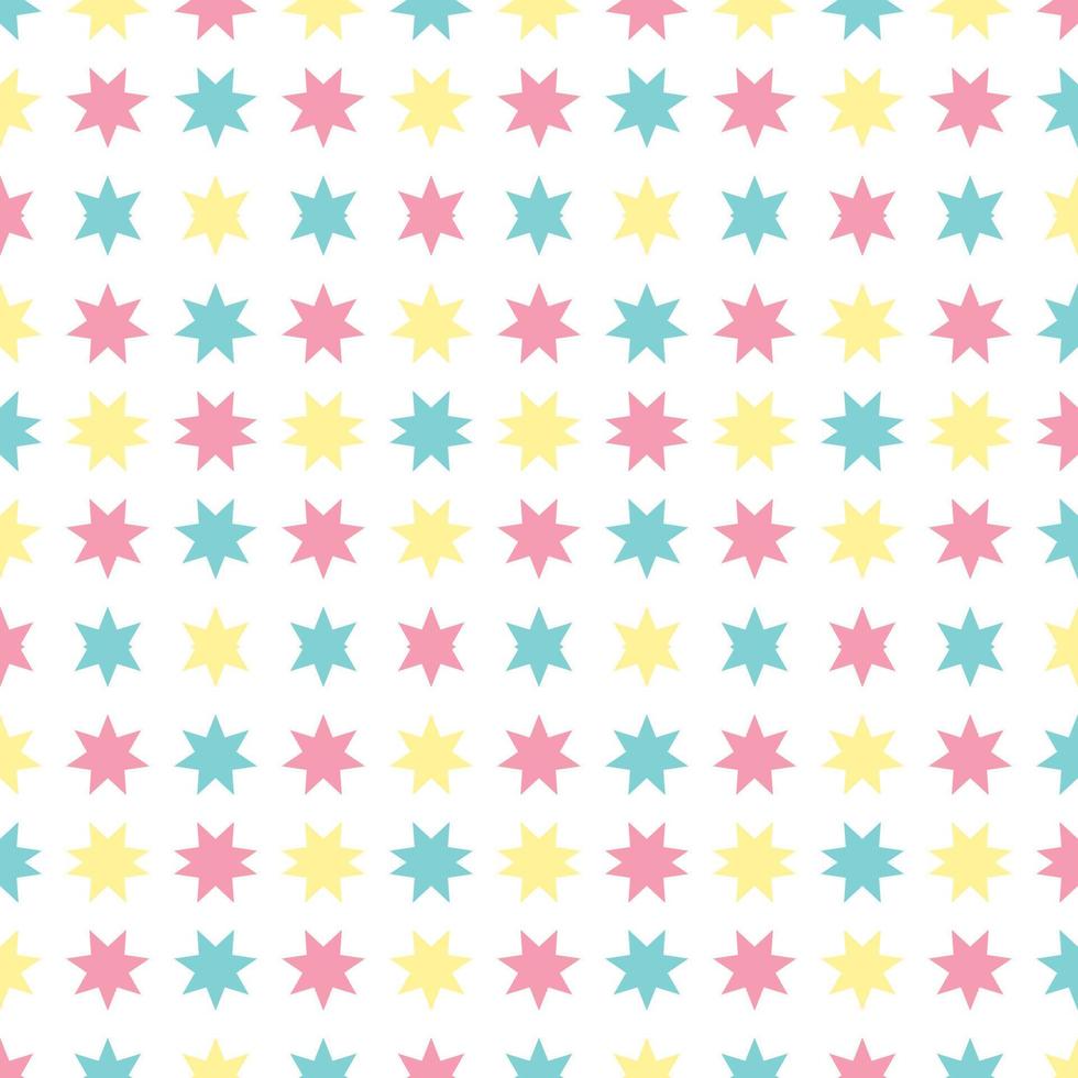 Seamless pattern Vector of lovely cute colorful geometric star or flower pattern color blue yellow pink pastel color. White background design mimimal for party space fabric cloth pattern or wallpaper.