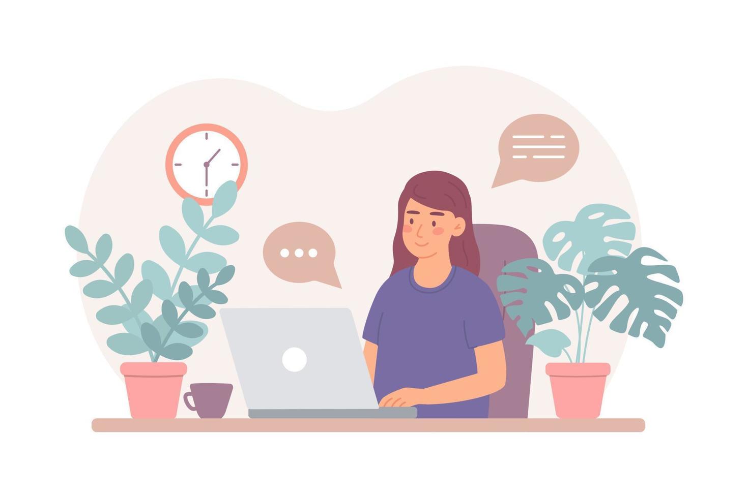 Young woman with laptop at home, studies, communicates and orders goods online, remotely works at computer. Vector illustration in flat style