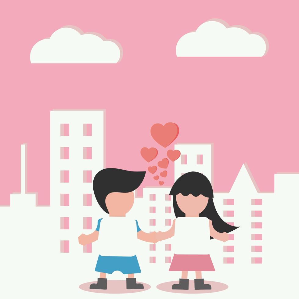 Cute Vector lovely couple in love date hold hand together with heart dating travel in pink pastel background for valentine day banner decoration or couple in love happy concept sale illustration.