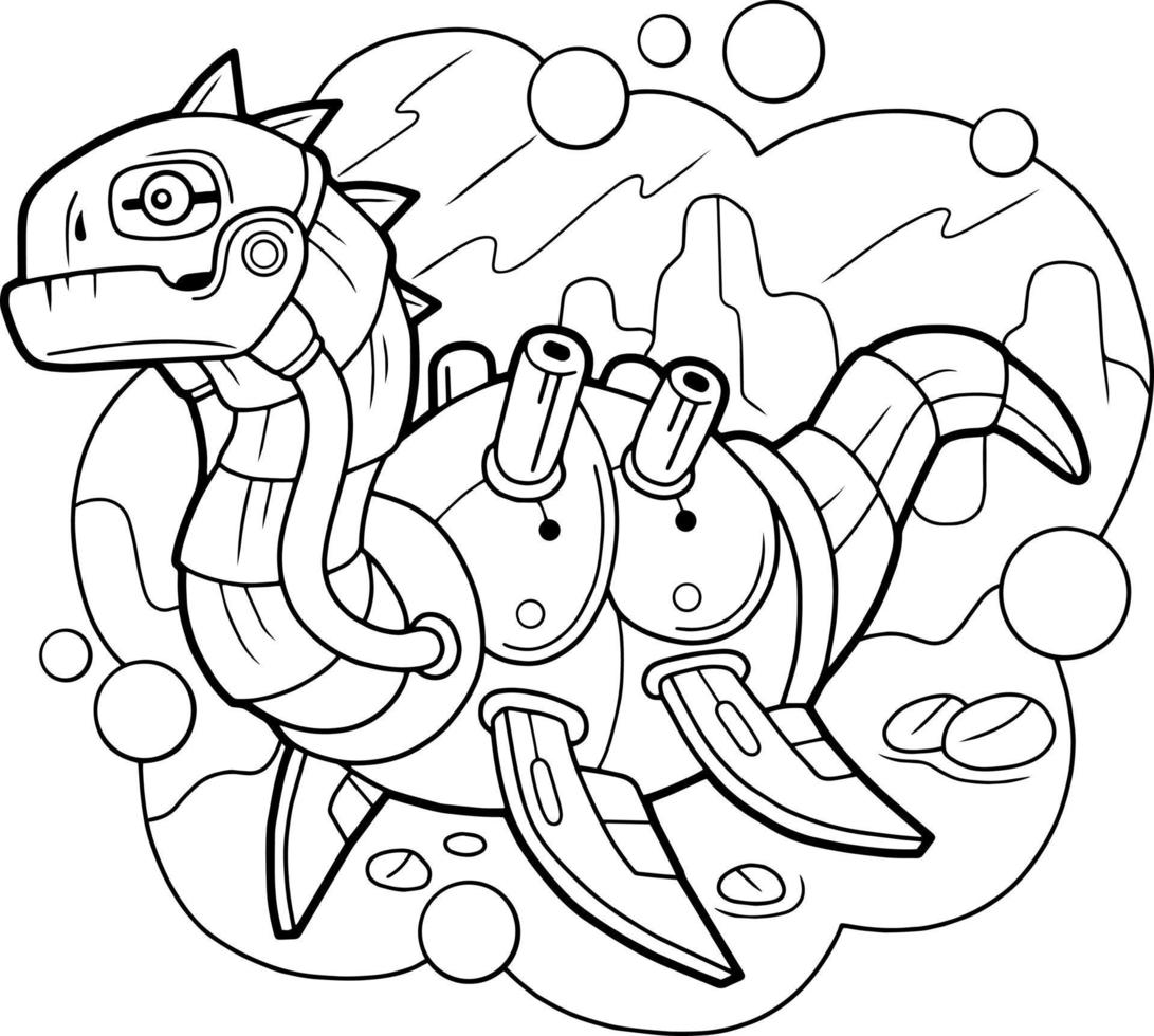 plesiosaurio de dinosaurio robot de dibujos animados, libro para colorear, ilustración de esquema vector