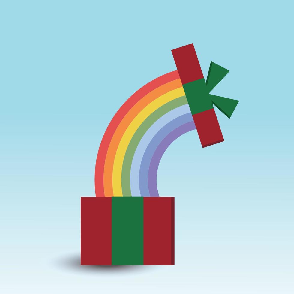 caja de regalo linda del día de navidad vectorial abierta y auge del arco iris en el interior sorpresa extendida para el día de navidad compras en línea cartel de venta caja de regalo venta de cumpleaños promoción mínima del corazón. vector