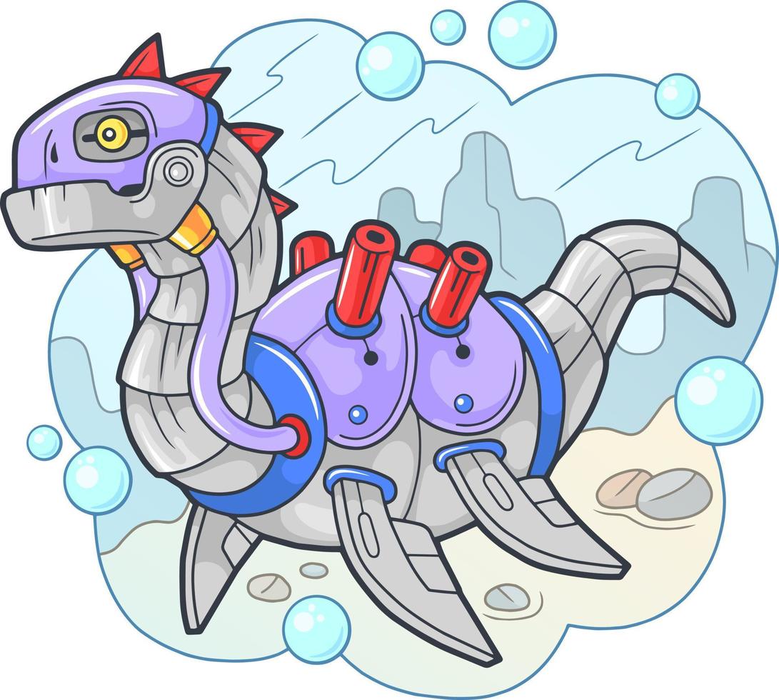 cartoon robot dinosaur plesiosaur, funny illustration vector