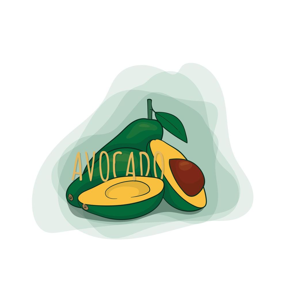 Avocado cartoon with line art design and sliced avocado for juice advertising template design vector