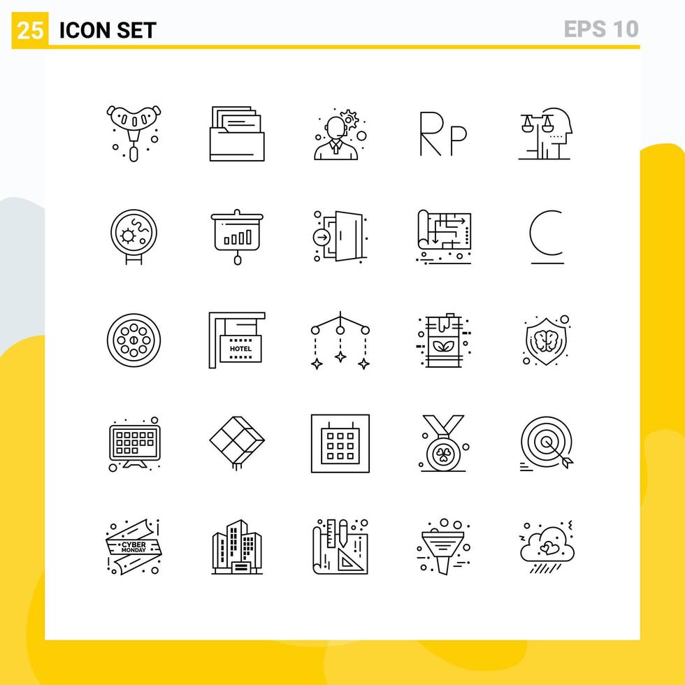 Pack of 25 creative Lines of law human gear court rupiah Editable Vector Design Elements