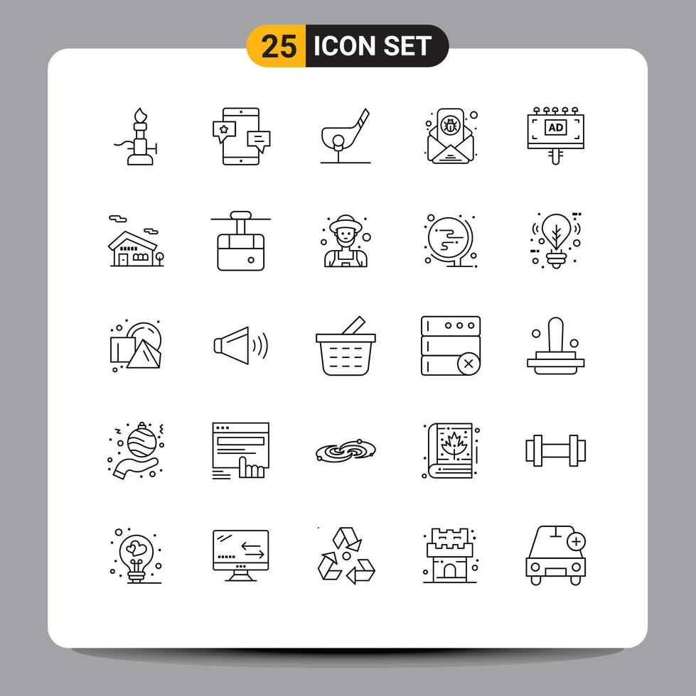 Group of 25 Lines Signs and Symbols for email virus bug network shot club Editable Vector Design Elements