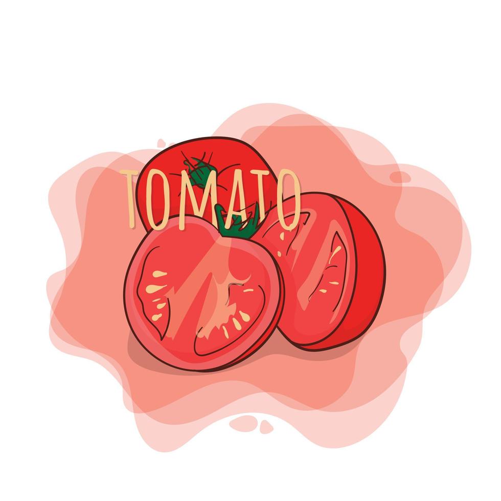 tomate rojo con rodajas de tomate en diseño de dibujos animados para diseño de plantilla de publicidad de jugo vector