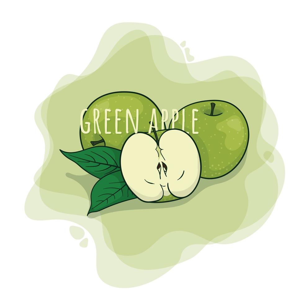 Green apple in cartoon design with apple leaf for juice advertising template design vector